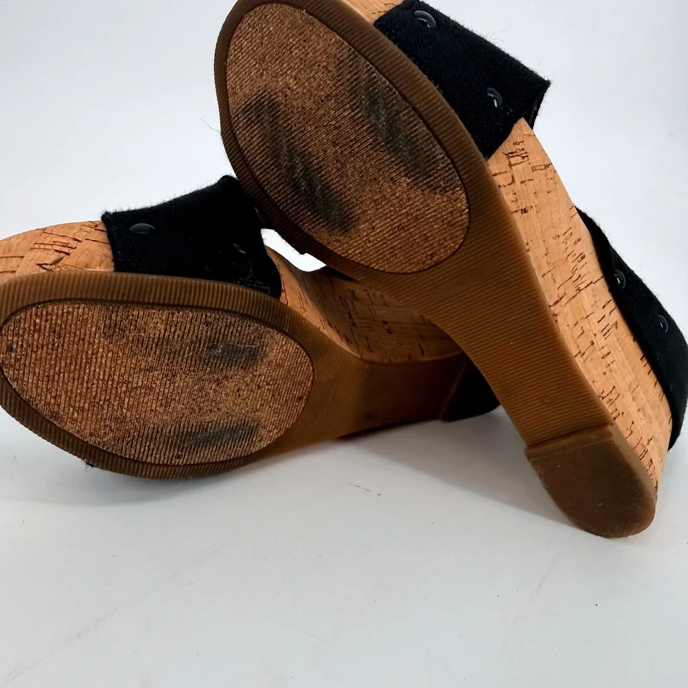 Lucky Brand Miller Black Canvas Cork Wedge‎ Sandals Platform Slides 6.5M